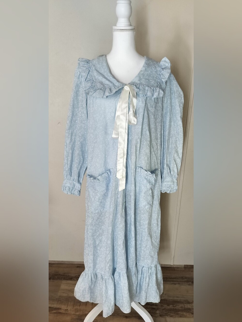 Miss Elaine Light Blue Ruffled Collar Long Nightgown Dress with Satin Bow